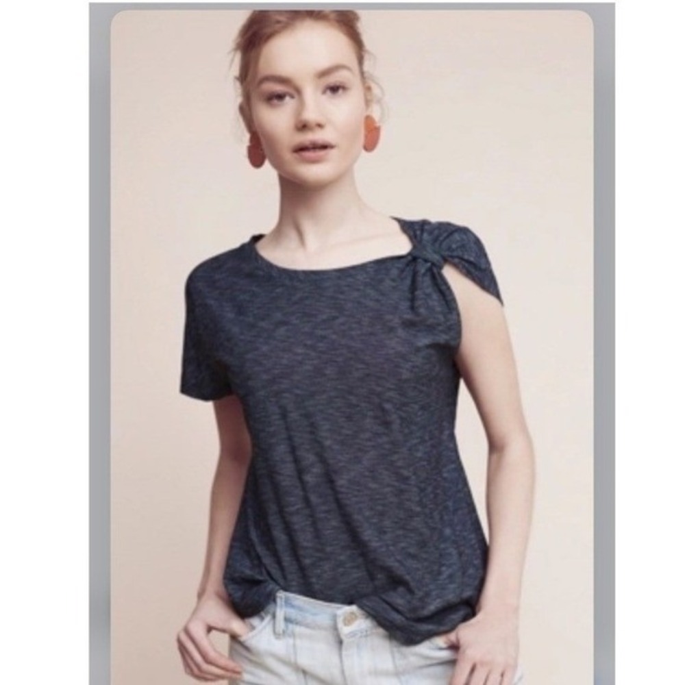 Anthropologie Deletta Navy & White Asymmetrical Margot Top, Knot Shoulder Detail
